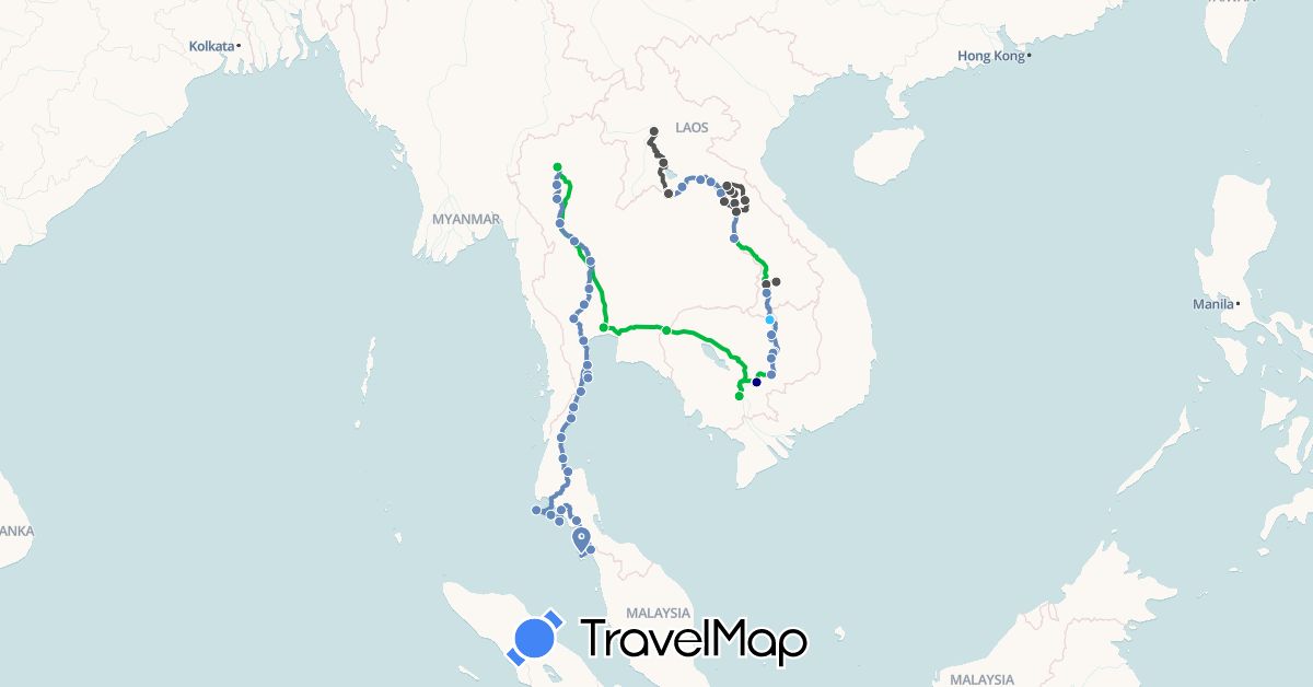 TravelMap itinerary: driving, bus, plane, cycling, boat, motorbike in Belgium, Cambodia, Laos, Malaysia, Thailand (Asia, Europe)